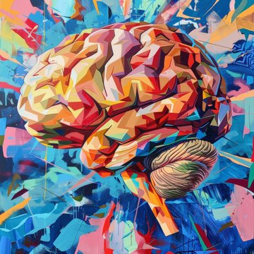 A human brain rendered in a cubist style, with each fragment exploding into vibrant colors and shapes, showcasing the multifaceted nature of creativity