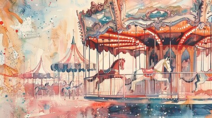 carousel dreams come true a majestic white horse stands beside a vibrant red and white tent, while a playful child sings in delight