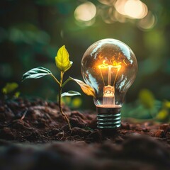 A light bulb sprouting leaves and casting a warm glow, symbolizing energy efficiency and sustainable living