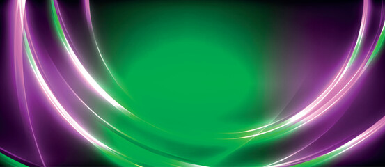 A vibrant wave of green and purple liquid, reminiscent of electric blue and magenta colors, creating a stunning visual effect on a dark background