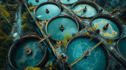 Collection of Wastewater, An aerial view of a network of sewage pipes converging towards a treatment plant. complex infrastructure involved in wastewater management.