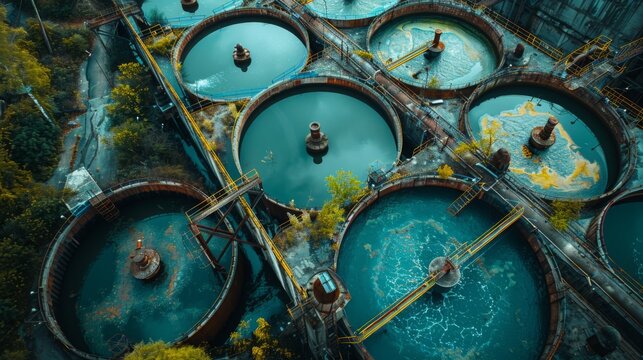 Collection of Wastewater, An aerial view of a network of sewage pipes converging towards a treatment plant. complex infrastructure involved in wastewater management.