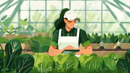Portrait of Woman Farmer Using Tablet in Greenhouse, Cultivating Organic Produce for Sustainable Agriculture and Harvest