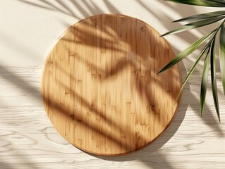 3d rendering of round bamboo board on light wooden table mockup with leaf shadow for product presentation