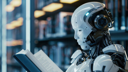 A futuristic robot embodies technology and education in a humanoid form. It has a book symbolizing the dawn of intelligent learning driven by artificial intelligence