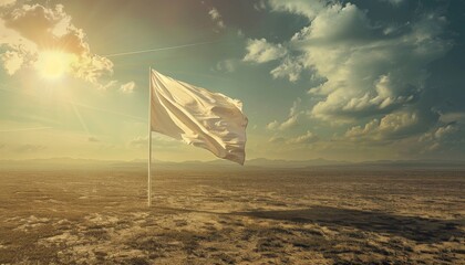 A lone white flag waving defiantly on a battlefield, a beacon of hope for peace