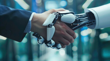 Close-up hand of A businessperson shaking hands with robots, AI technology extend beyond mere compliance to encompass broader principles of social responsibility and corporate citizenship.