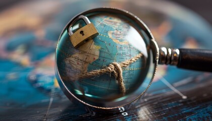 A magnifying glass examining a padlock wrapped around a globe, symbolizing close attention to global network security