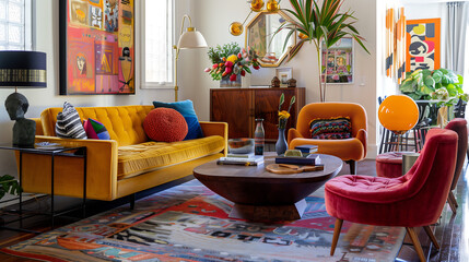 Interior of a vibrant living room with a yellow sofa, mid century chairs, a table with books and flowers, a rug, and wall art, Natural light illuminates the decor