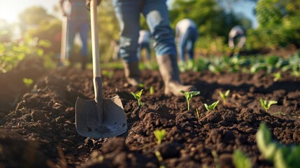 Vegetable Plantation: Unrecognizable Workers Dig Soil, Plant Crops Outdoors, Sunlight Illuminates Scene, Copy Space