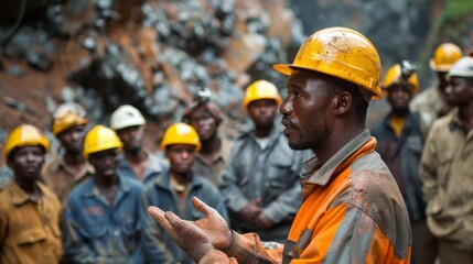 Community Engagement, Miners interacting with local community members, discussing benefits or compensations, reflecting social responsibility.