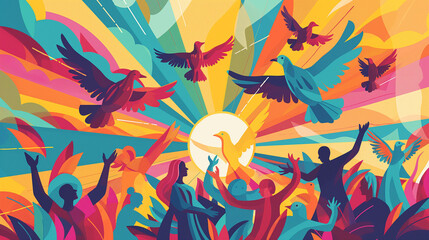 a panorama of vibrant colors and dynamic energy, an inspiring Emancipation Day celebration illustration takes shape, soaring birds, open doors, and people embracing in joyous celebration