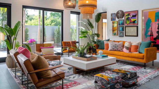 interior of a vibrant living room with a bright orange sofa, brown armchairs, a white coffee table, colorful cushions, artwork on the walls, indoor plants, and large windows - Powered by Adobe