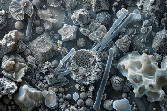 A microscopic view of dust particles, magnified to reveal their diverse shapes and textures