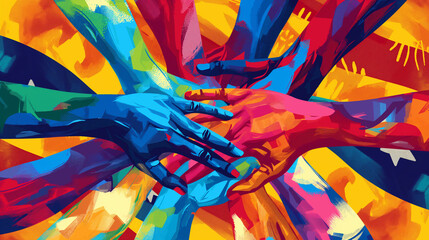  Against a backdrop of bold colors and dynamic patterns, an uplifting Juneteenth design illustration unfolds, featuring a diverse array of hands intertwined in unity and solidarity