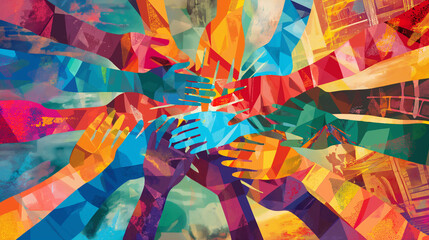 An uplifting Juneteenth design illustration featuring a diverse array of colorful hands intertwined in unity and solidarity, forming a powerful symbol of freedom and liberation
