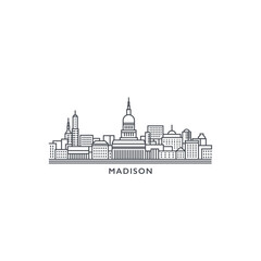 Madison USA United States of America, city skyline logo. Panorama vector flat US Wisconsin state icon, abstract shapes of landmarks, skyscraper, panorama, buildings. Thin line style