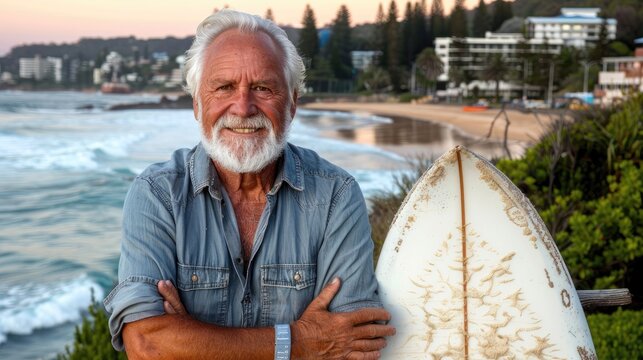 A man with a beard and white hair is standing on a beach holding a surfboard
