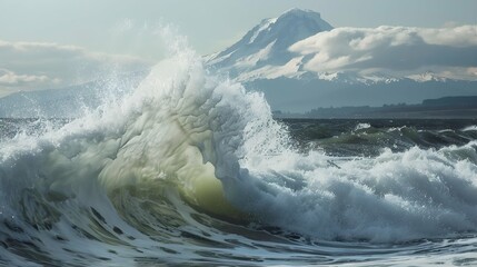 Naklejka premium Waves crashing with a mountain in the background