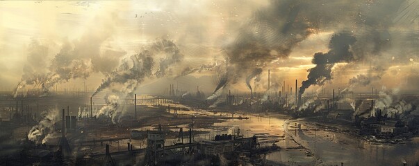 A panoramic view of a polluted industrial landscape, with smoke billowing from factories and a river choked with waste