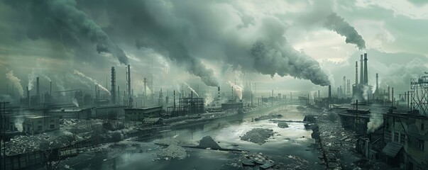 A panoramic view of a polluted industrial landscape, with smoke billowing from factories and a river choked with waste