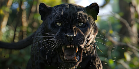 a black panther snarling, showing its teeth and fangs, with an aggressive expression in the jungle,...