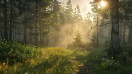 Obraz premium A view of sunlight shining and mist hitting the young leaves in the green forest. Beautiful light.