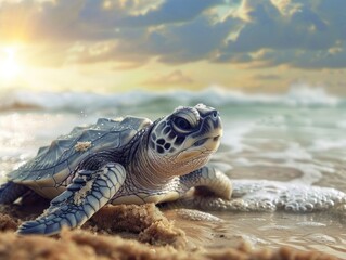 Obraz premium A photorealistic closeup of a baby sea turtle hatching on a pristine beach, emphasizing the importance of protecting endangered species