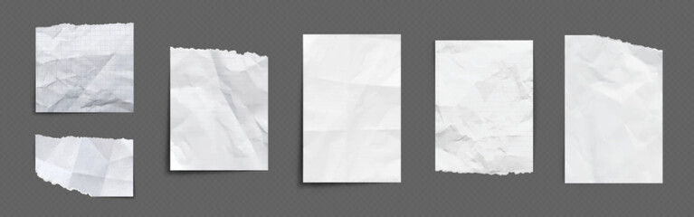 Paper pieces with wrinkles and torn edges. Realistic vector illustration set of empty white, lined and checkered pages with crumpled effect. Design mockup of blank sheet with crease and rough border.