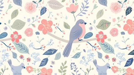 floral pattern with cute birds in spring for Wedding, anniversary, birthday and party. Design for banner, poster, card, invitation and scrapbook
