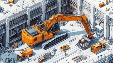 Fototapeta premium Many construction engineers are helping to build the structure and have many machines.