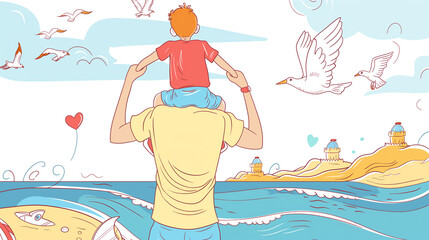 Happy Father's day vector background, web banner, and poster. Dad carries the kid on his shoulders