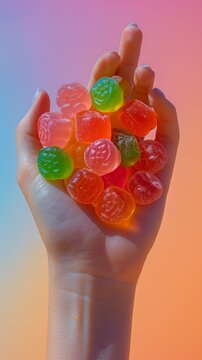 A handful of colorful gummy bears in the palm of a person's hand.