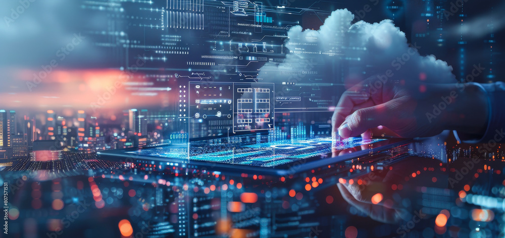 Poster diverse software engineers providing cloud computing it support via digital tablets - technical team