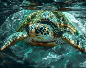 Fototapeta premium A powerful image of a sea turtle entangled in a plastic bag, struggling to breathe and swim