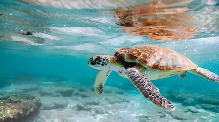 Fototapeta premium Turtle swimming in shallow ocean water