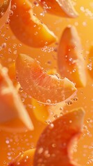 Close-up shot of a peach and peach slices suspended in mid-air with a splash of water.