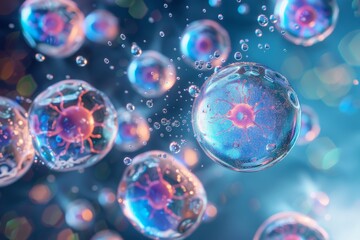 A single drop of water exploding into a kaleidoscope of healthy cells, emphasizing the importance of hydration for health