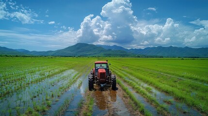 Naklejka premium Rural Scene: Tractor Working in Vibrant Green Paddy Field under Clear Blue Skies on Sunny Day