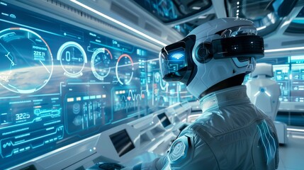 Astronaut interacting with futuristic control panel screens on a spacecraft bridge. Created with Generative AI