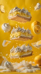 Floating lemon meringue pie and lemon slices on a yellow background.