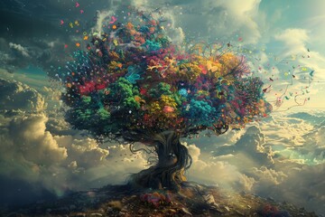 A single seed sprouting into a fantastical tree overflowing with colorful ideas and inventions