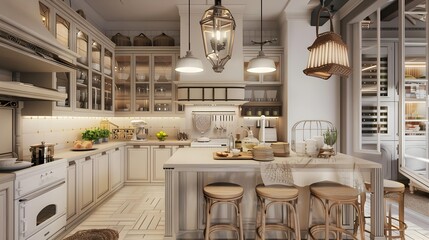 The interior design of gorgeous antique country kitchen with counter seating in subtle english style. 