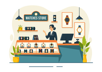 Watches Store Vector Illustration with Presentation of Stylish Wristwatch Collection Various Models, Analog and Digital in Flat Cartoon Background
