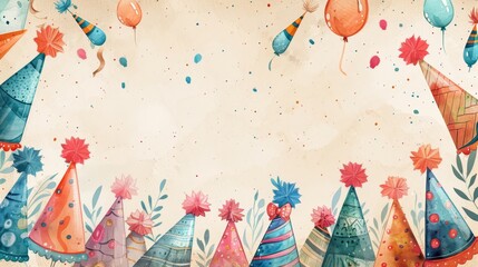 Fototapeta premium Festive arrangement of birthday hats framing a blank card inviting personalized wishes and greetings