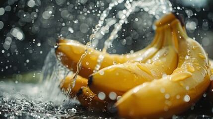 Ripe and tasty bananas with water drops.