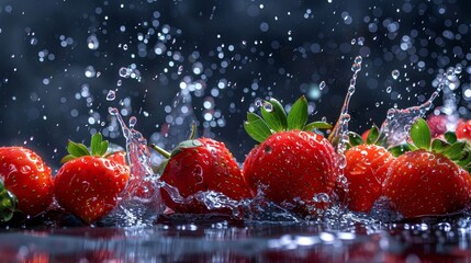 Ripe, juicy strawberries with water drops.