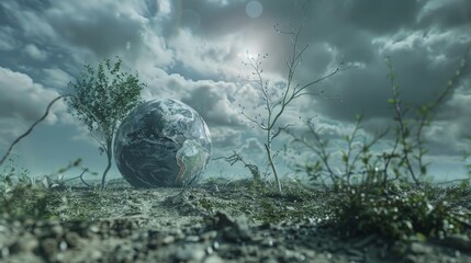 A symbolic image of a healthy planet Earth transforming into a barren wasteland - obrazy, fototapety, plakaty
