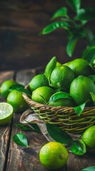 Fresh lime fruits arranged neatly in a woven basket on a rustic wooden table, vibrant green colors, natural daylight