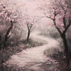 Fototapeta premium A winding path through a blossoming cherry orchard, with delicate pink petals falling gently, conveying a sense of peace and balance